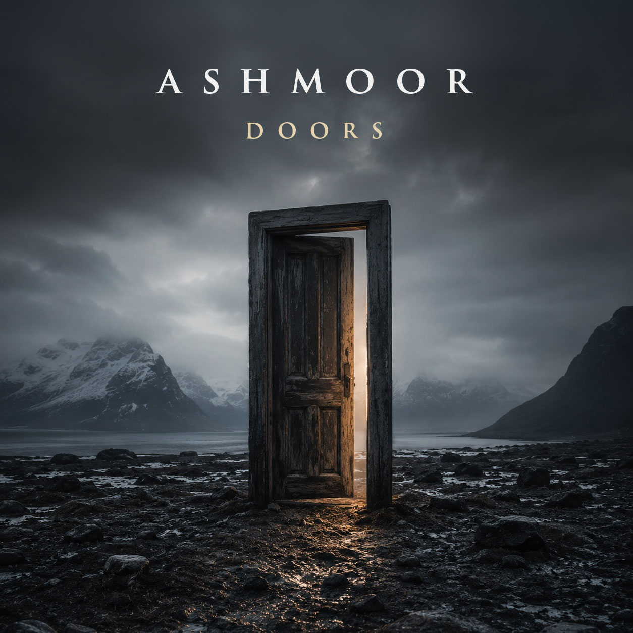 Doors by Ashmoor album cover: a glowing open door on a mountainous shore