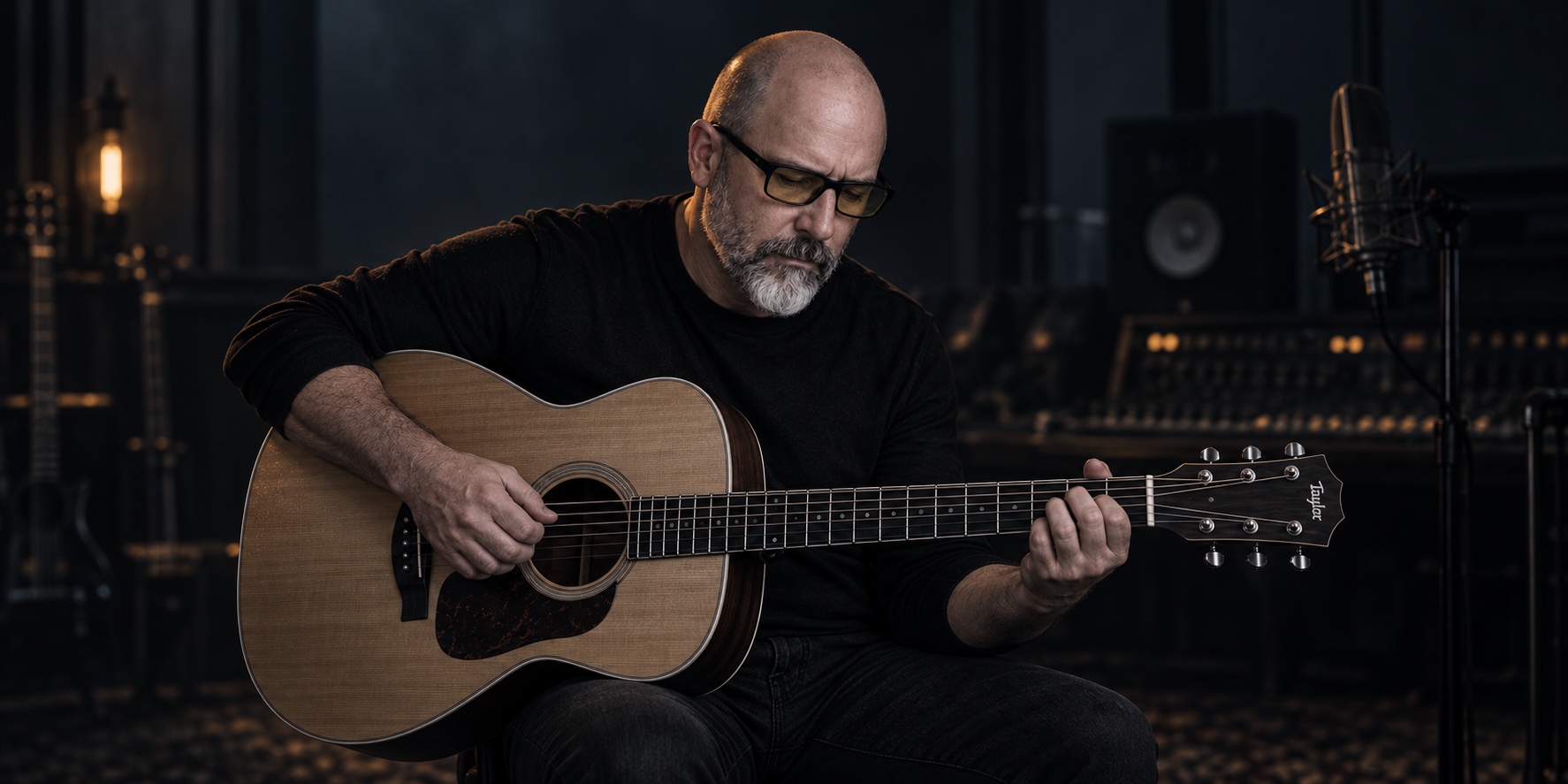 Creative studio portrait of Steve Brazell playing a Taylor acoustic guitar in a dark, cool-toned studio